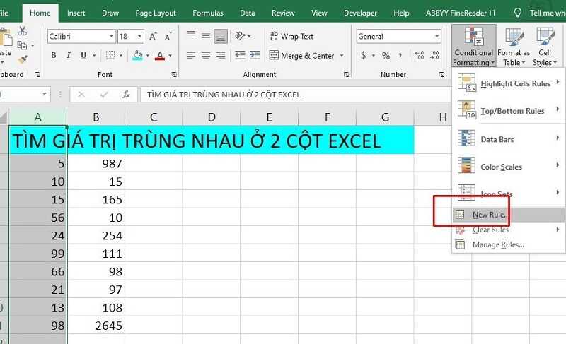 tìm giá trị trùng nhau ở 2 cột trong excel