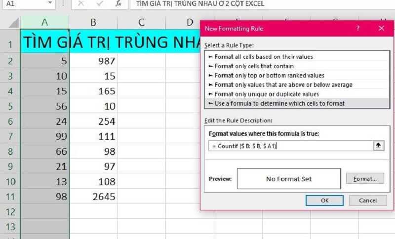 tìm giá trị trùng nhau ở 2 cột trong excel